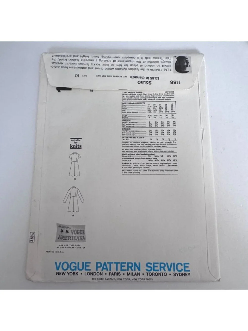 Vogue Americana Sewing Pattern 1186 Teal Traina Coat Dress 1970s A-Line Size 10